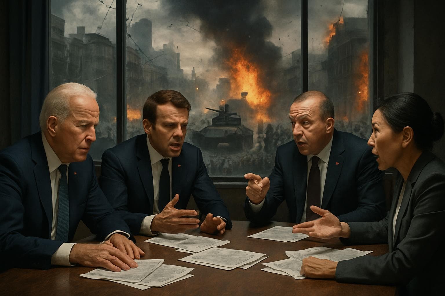 World leaders in heated discussion at a table with city turmoil backdrop