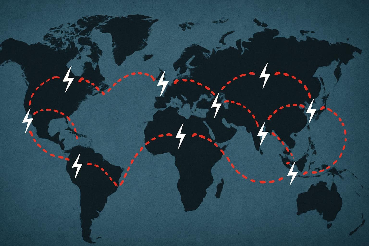 Digital world map with broken internet connection lines
