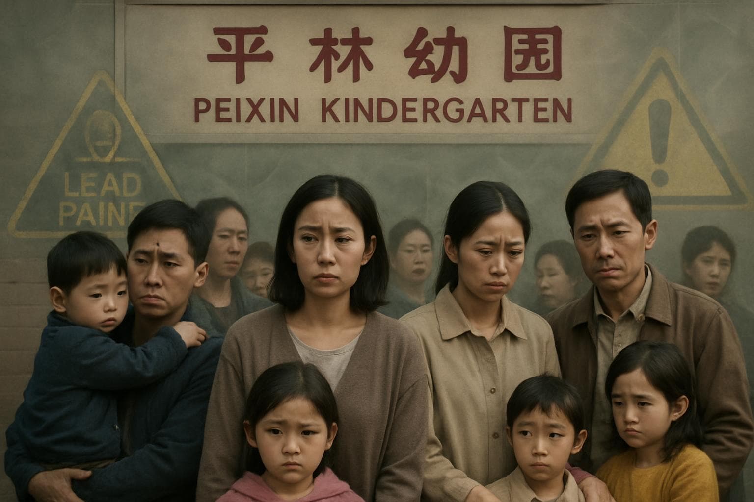 Worried parents and children outside Peixin Kindergarten