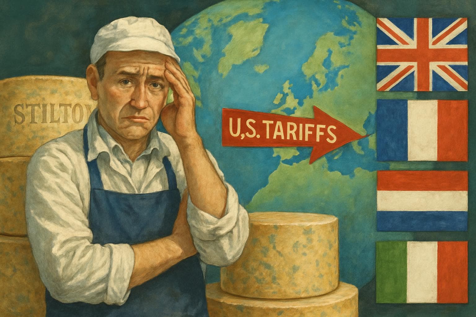 Worried cheese producer with large wheels of Stilton cheese