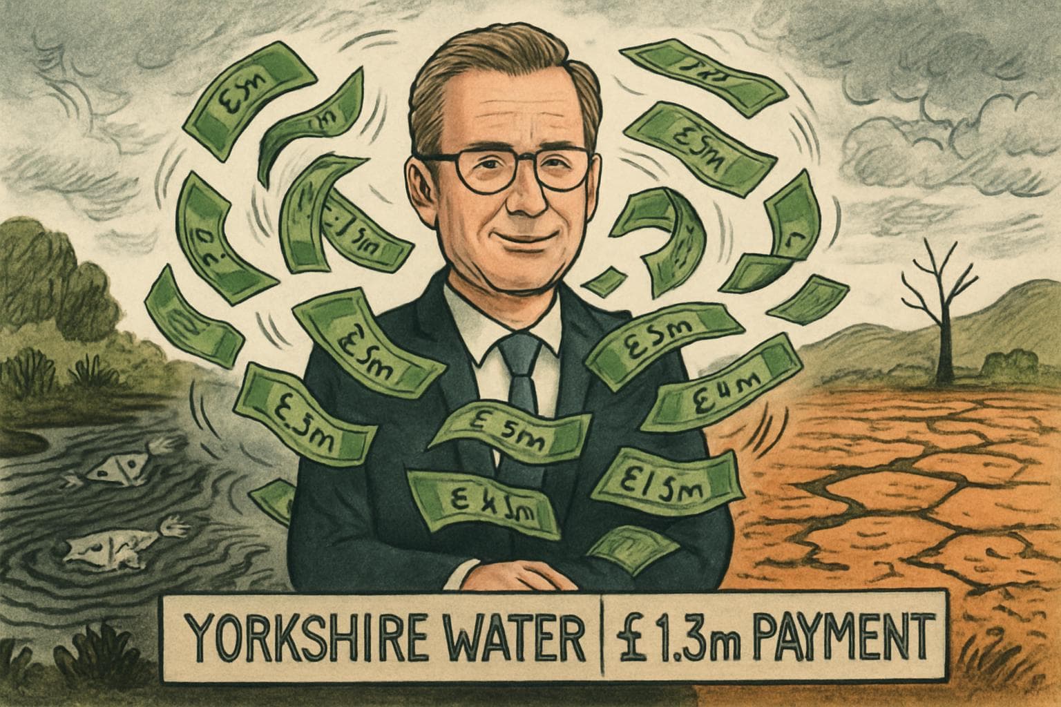 Yorkshire Water CEO with banknotes and polluted rivers