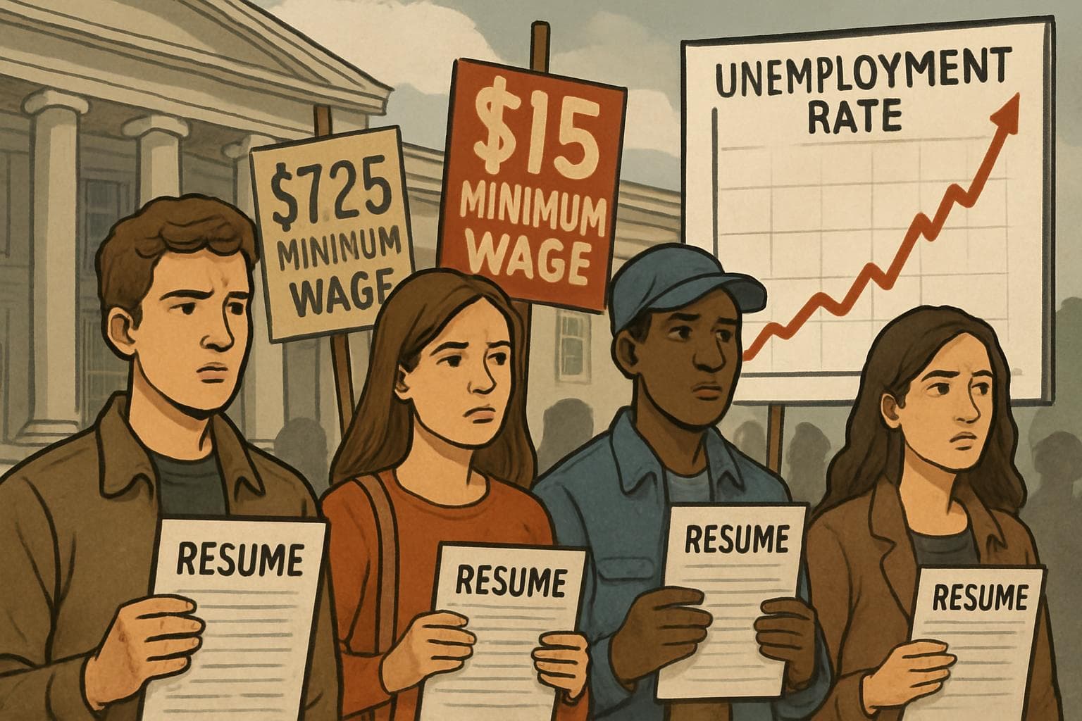 Young job seekers with resumes outside a government building