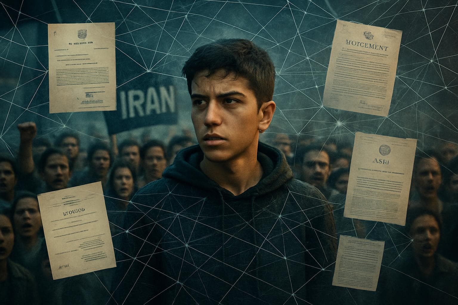 Young protester in Iran surrounded by legal documents and digital mesh