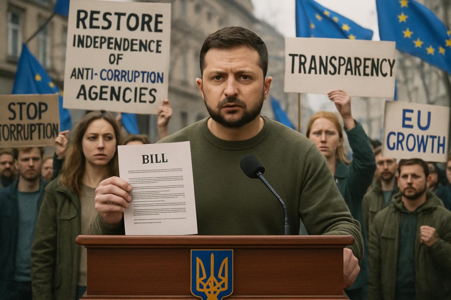 President Zelensky at podium with protesters in background