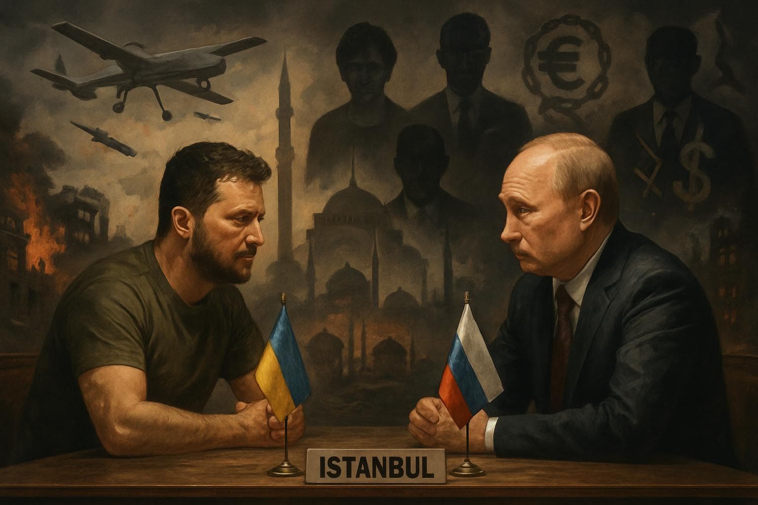 Zelensky and Putin at negotiation table in Istanbul