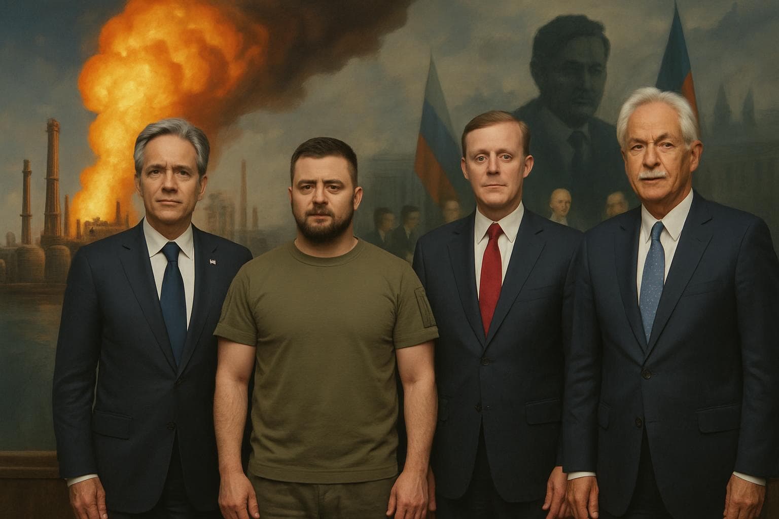 President Zelensky with US envoys at peace talks backdrop