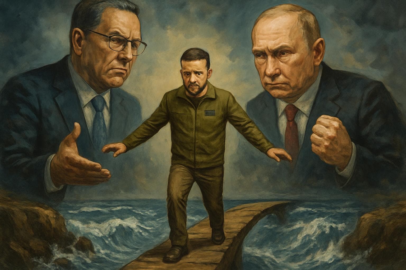 President Zelenskyy on a bridge over turbulent waters