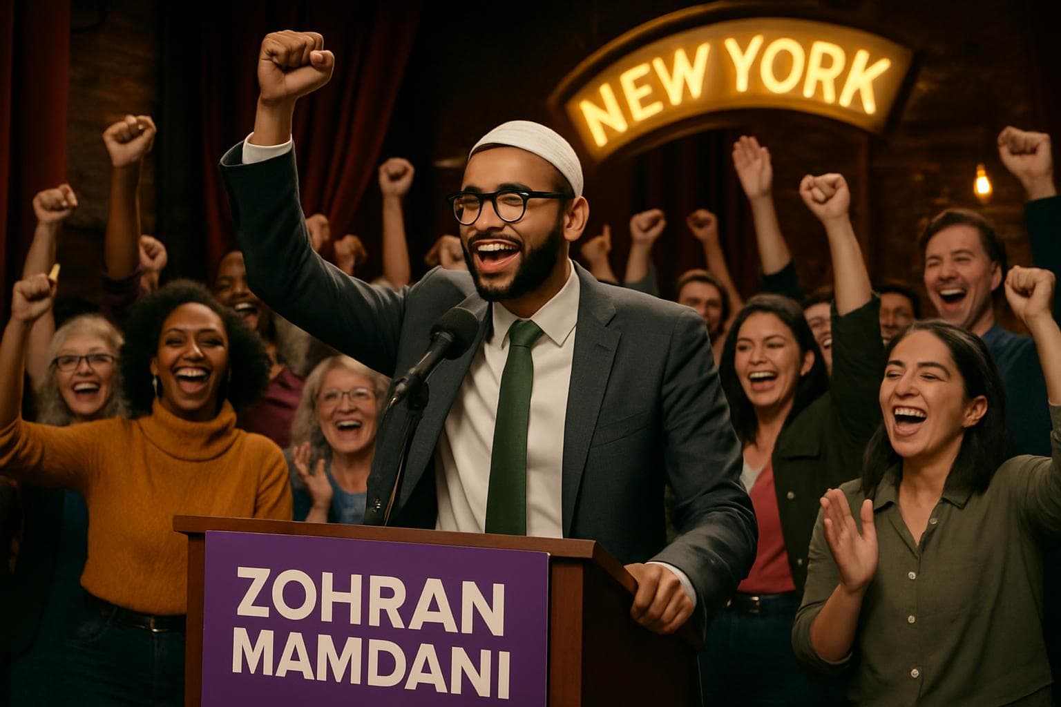 Zohran Mamdani delivers a victory speech to supporters in New York theater.